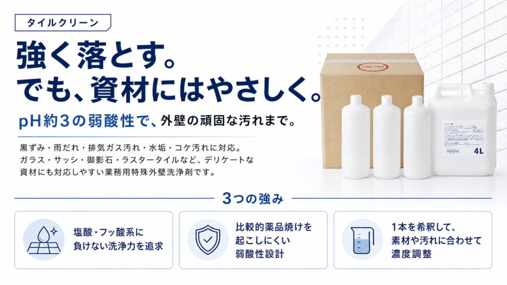外壁洗浄剤タイルクリーン|黒ずみ・雨だれ・水垢などの外壁汚れに