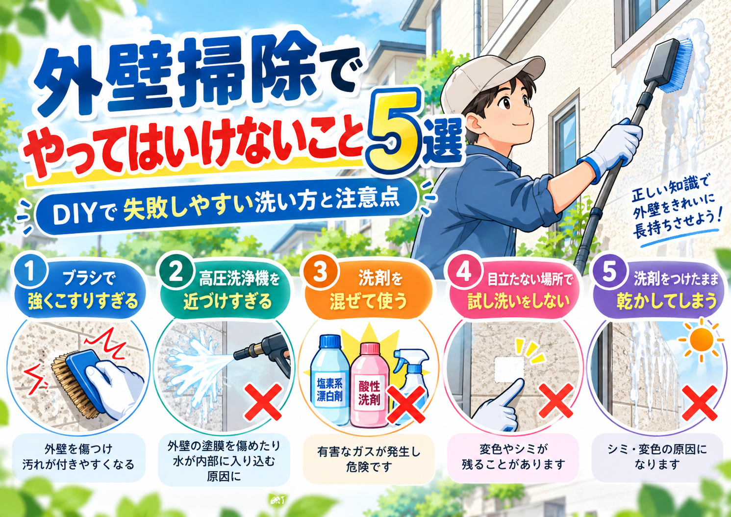 外壁掃除でやってはいけないこと5選を紹介するアイキャッチ画像。外壁を掃除する人物のイラストと、強くこする・高圧洗浄機を近づけすぎる・洗剤を混ぜる・試し洗いをしない・洗剤を乾かす、といった失敗例をポップ調でまとめた画像。