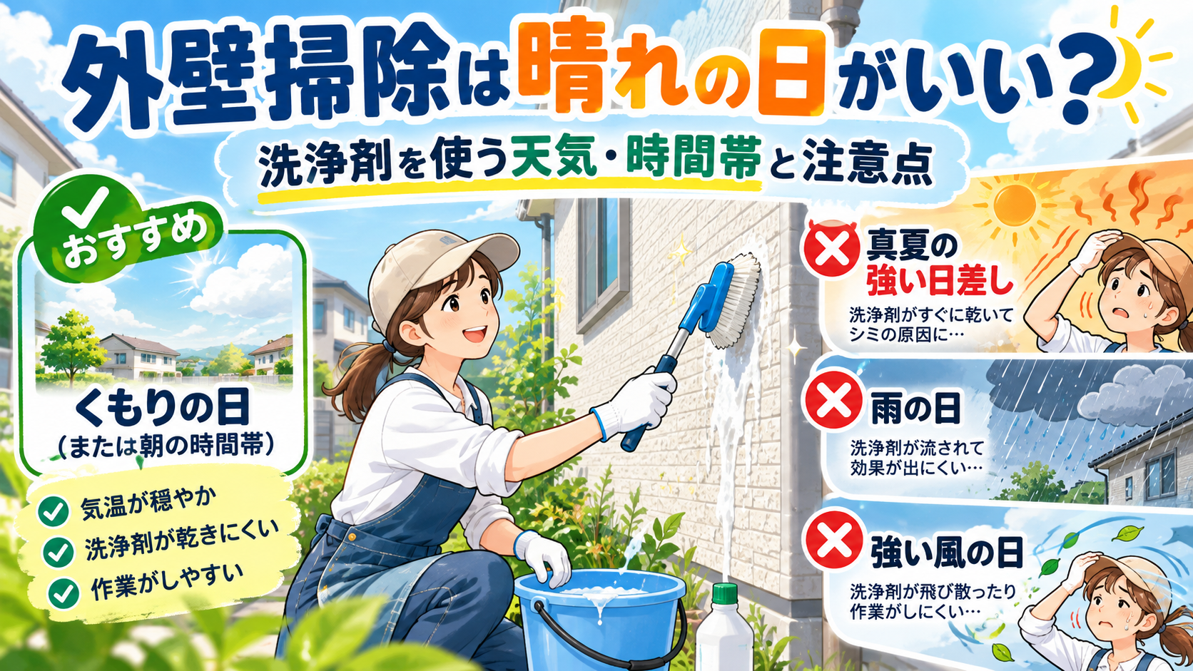 外壁掃除に適した天気と時間帯を紹介するアイキャッチ画像。曇りの日や朝の時間帯をおすすめとして、真夏の強い日差し・雨・強風を避けるポイントをイラストで示した画像。
