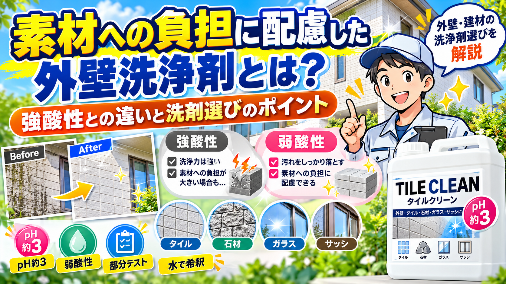 素材への負担に配慮した外壁洗浄剤の選び方を解説するアイキャッチ画像。強酸性と弱酸性の違い、pH約3、部分テスト、水での希釈、タイル・石材・ガラス・サッシへの使用例を示したポップ調イラスト。