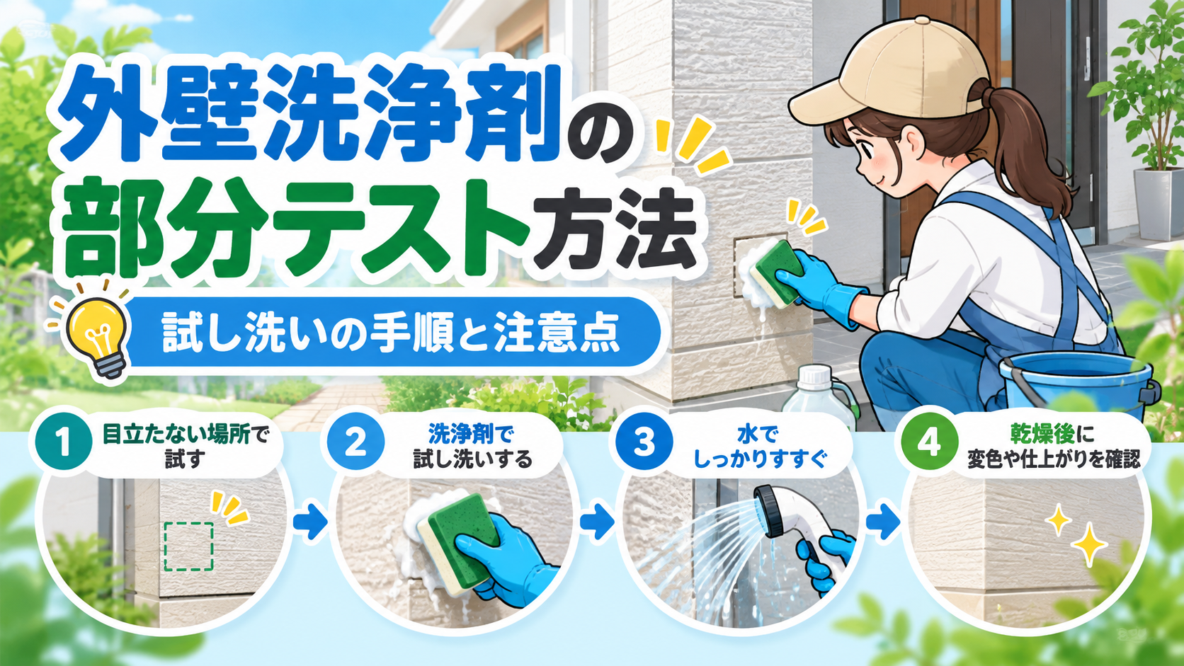 外壁洗浄剤の部分テスト方法を紹介するアイキャッチ画像。目立たない場所で試し洗いを行い、水ですすいで乾燥後に変色や仕上がりを確認する手順をイラストで示した画像。