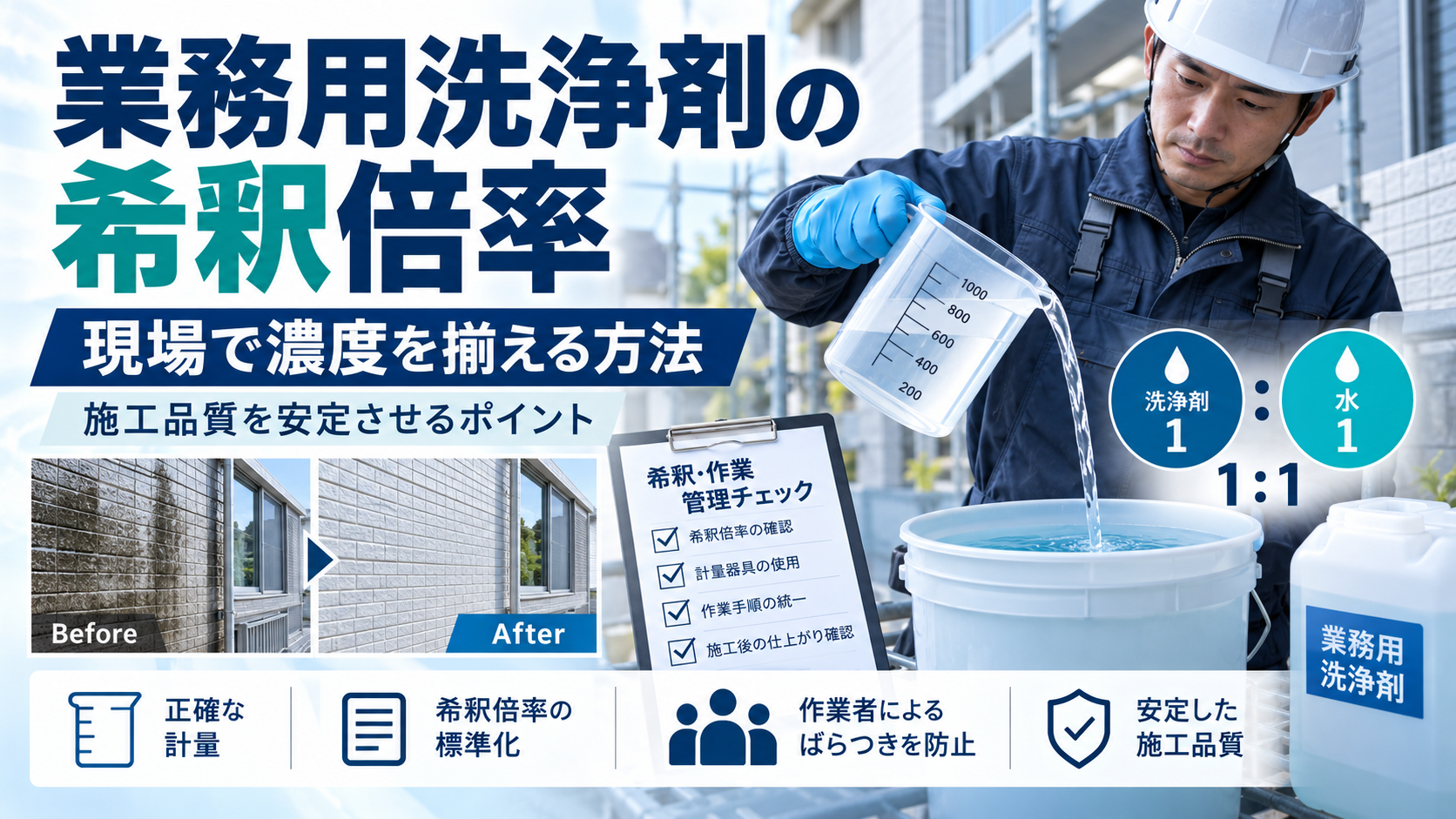 業務用洗浄剤の希釈倍率を現場で管理する方法を紹介するアイキャッチ画像。作業員が計量容器を使って洗浄剤と水を1対1で希釈し、濃度管理や施工品質の安定化を確認する様子をビジネス向けに表現した画像。