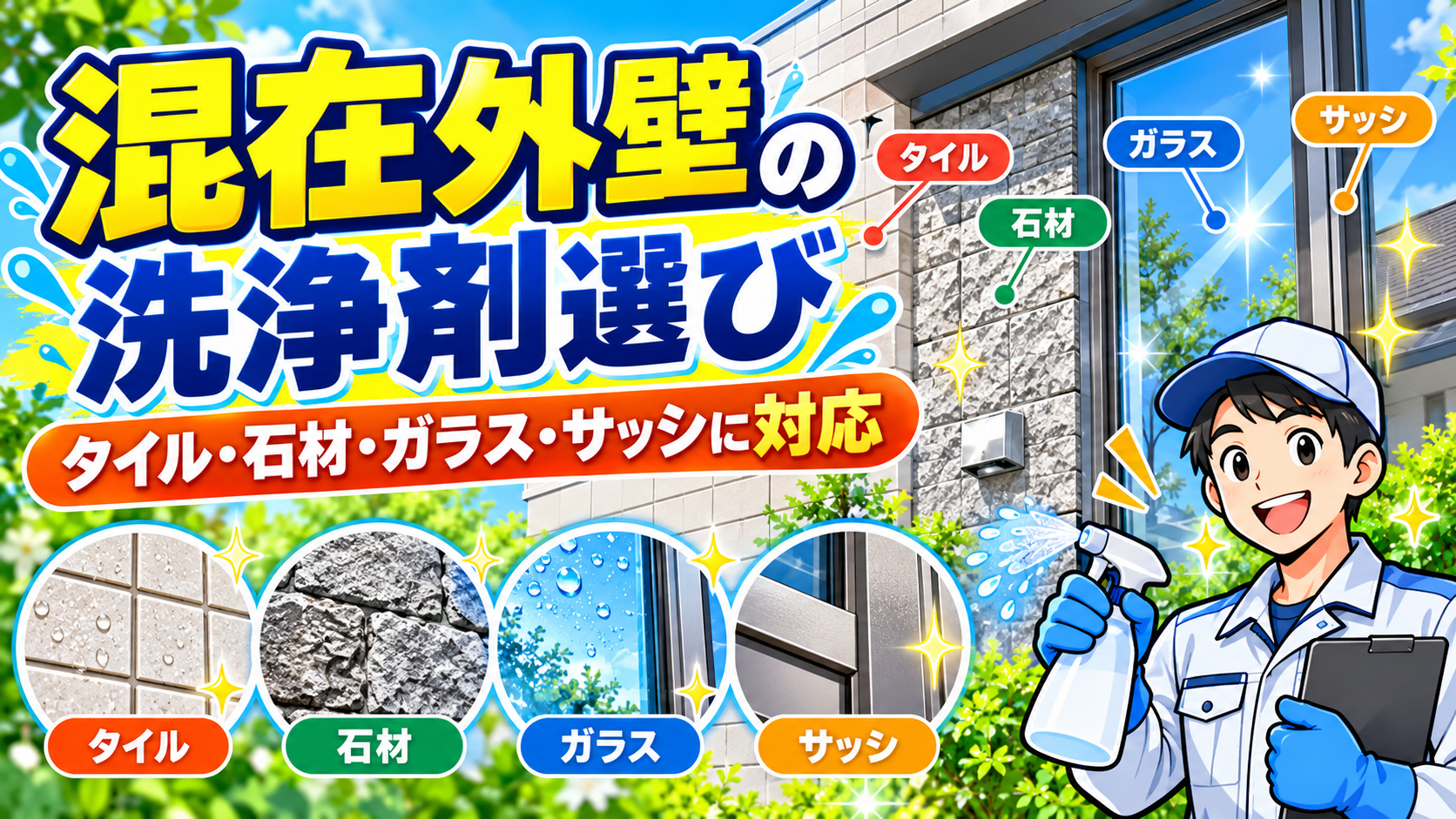 タイル・石材・ガラス・サッシが混在する外壁の洗浄剤選びを解説するアイキャッチ画像。複数の建材に対応した洗浄方法を紹介するポップ調イラスト。