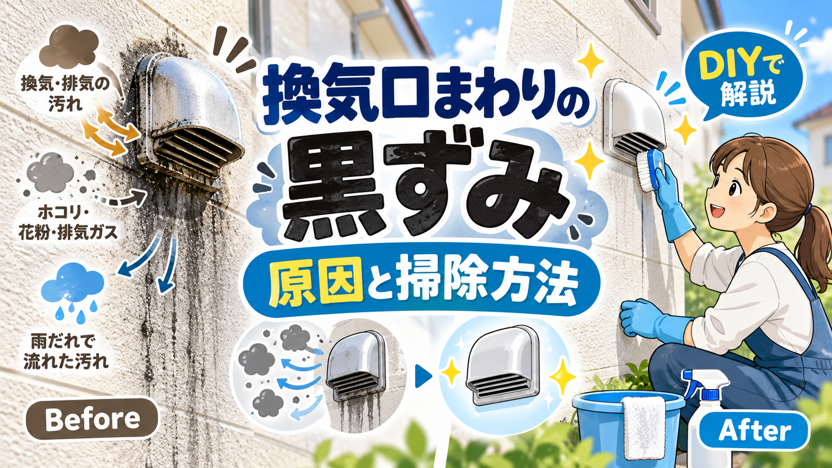外壁の換気口まわりに発生する黒ずみの原因と掃除方法を紹介するアイキャッチ画像。換気・排気による汚れ、ホコリ、雨だれが付着した換気口のビフォーアフターと、DIYで清掃する様子を示した画像。