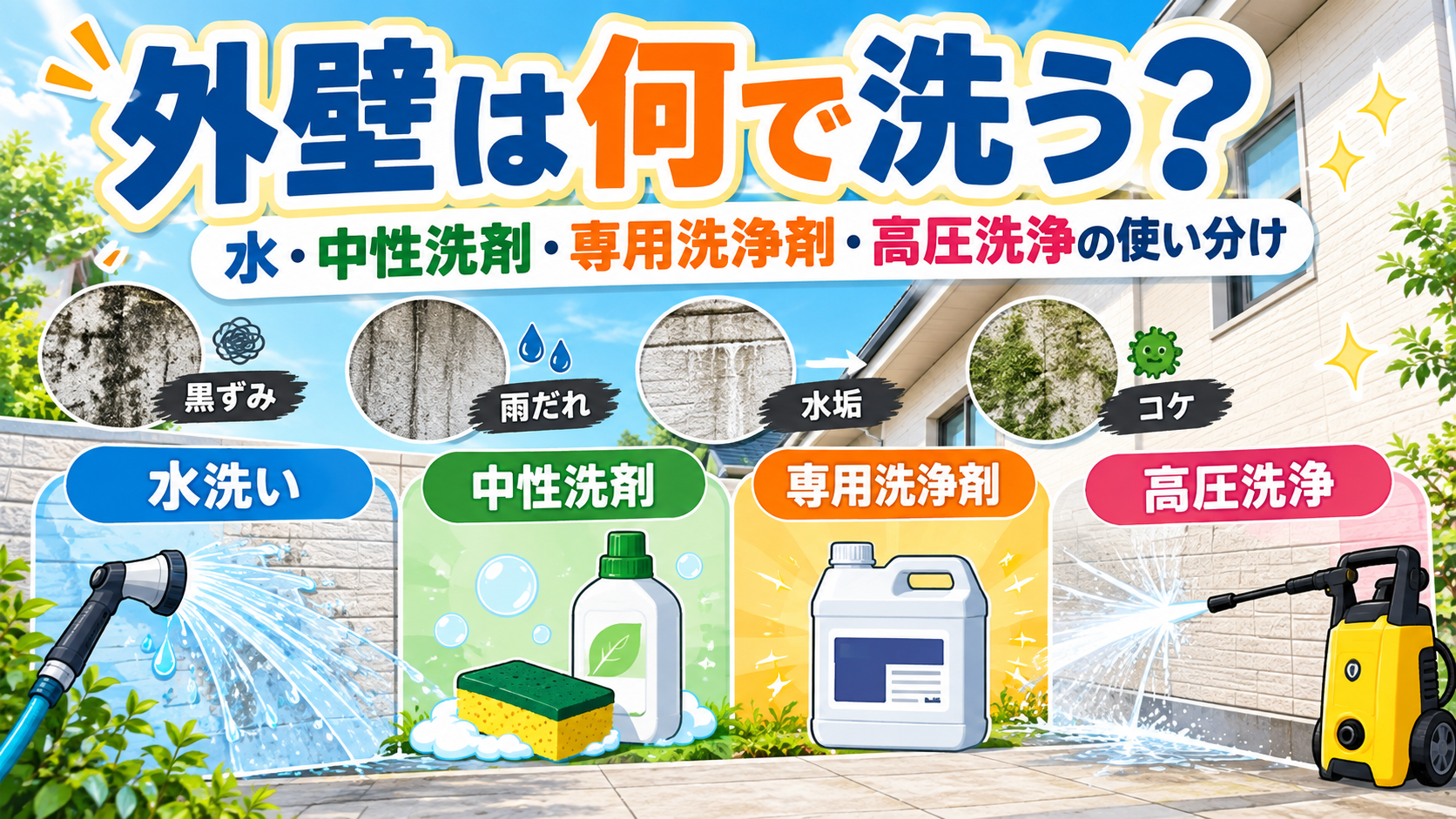 外壁を水洗い・中性洗剤・専用洗浄剤・高圧洗浄のどれで洗うかを比較したアイキャッチ画像。黒ずみ・雨だれ・水垢・コケなどの汚れに応じた洗浄方法の使い分けをわかりやすく示した画像。