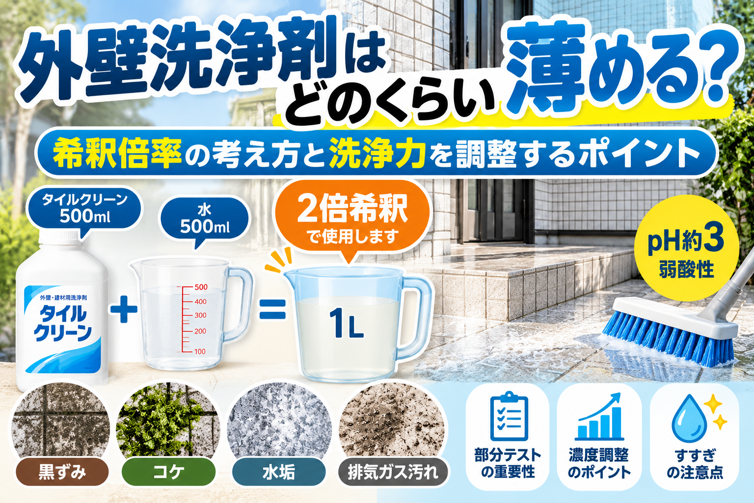 **alt** `外壁洗浄剤の希釈倍率と濃度調整の考え方を解説するアイキャッチ画像。タイルクリーン500mlと水500mlを混ぜる2倍希釈、pH約3の弱酸性、黒ずみ・コケ・水垢・排気ガス汚れへの使用イメージを示した画像。`