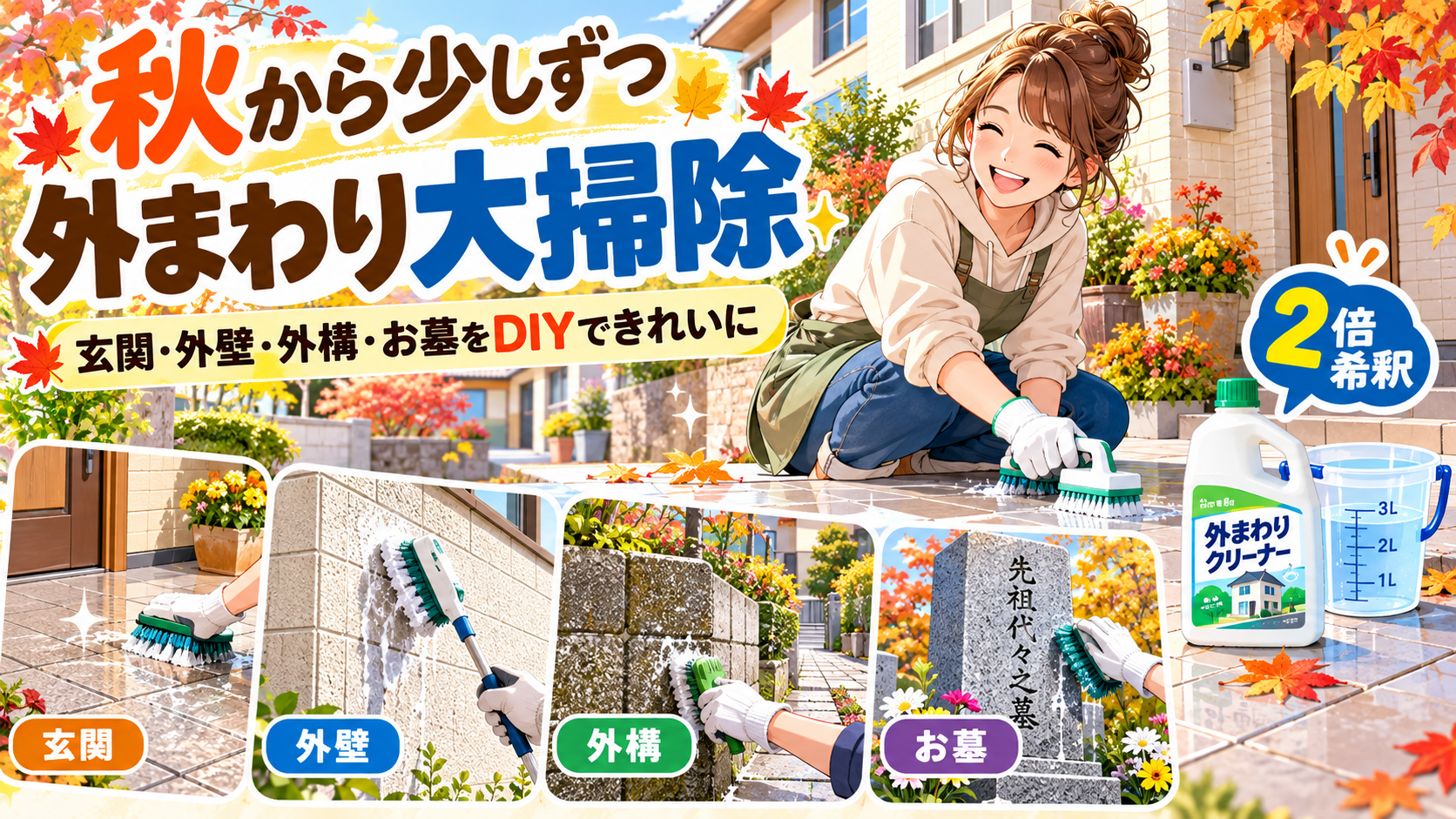 年末前に少しずつ始める秋の大掃除|玄関・外壁・墓石をDIYできれいにする方法