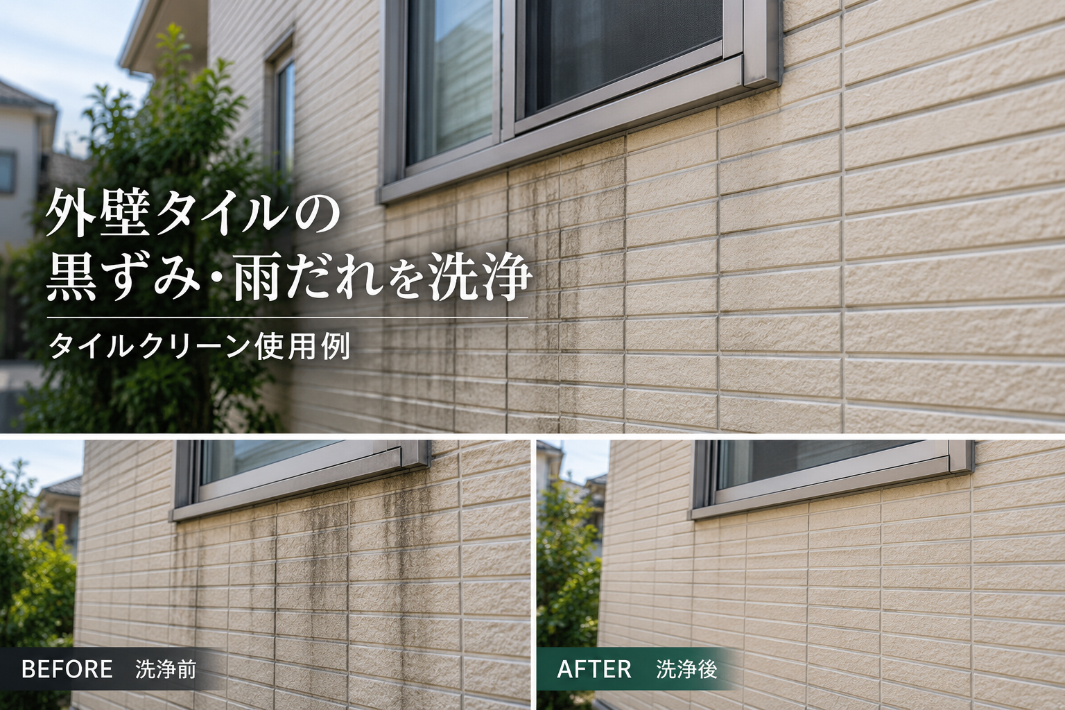 外壁タイルの黒ずみ・雨だれをタイルクリーンで洗浄した使用イメージ