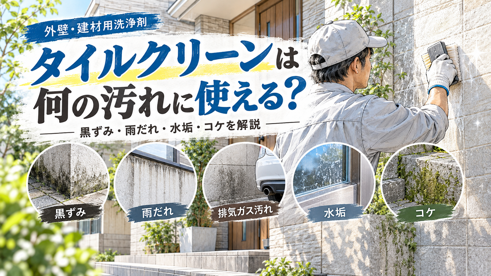 タイルクリーンは何の汚れに使える?黒ずみ・雨だれ・水垢・コケを解説