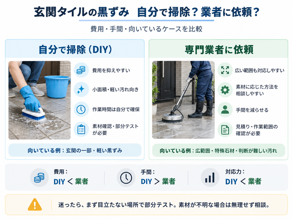 玄関タイルの黒ずみ掃除について、DIYと専門業者への依頼を費用・手間・対応範囲で比較した解説図。