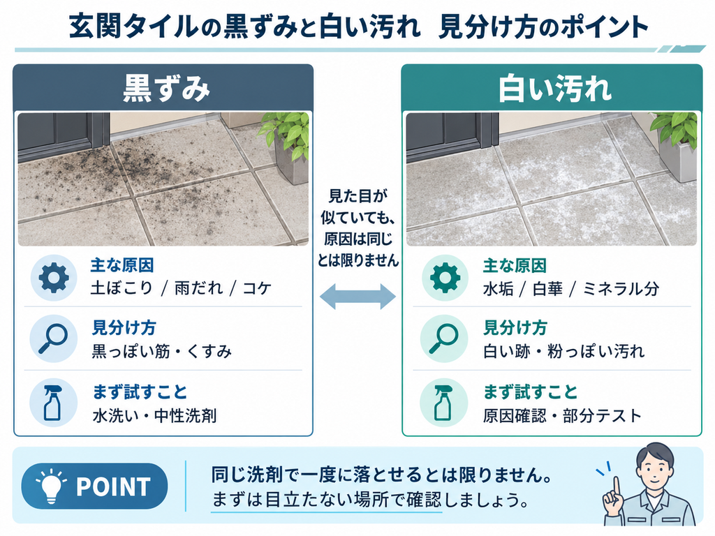 玄関タイルの黒ずみと白い汚れの違いを比較した解説図。土ぼこり・雨だれ・コケによる黒ずみと、水垢・白華・ミネラル分による白い汚れについて、原因や見分け方、掃除前の確認ポイントを紹介。
